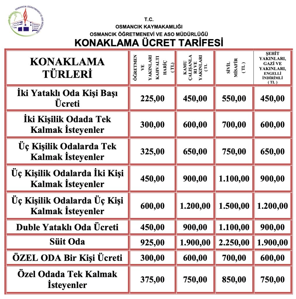 osmancık öğretmenevi fiyatları 2024